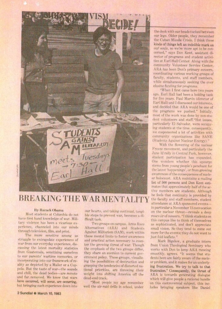 Barack Obama Breaking the War Mentailty, 1983 Columbia Magazine article page 1 of 3 Barack Obama Breaking the War Mentailty, 1983 Columbia Magazine article page 1 of 3