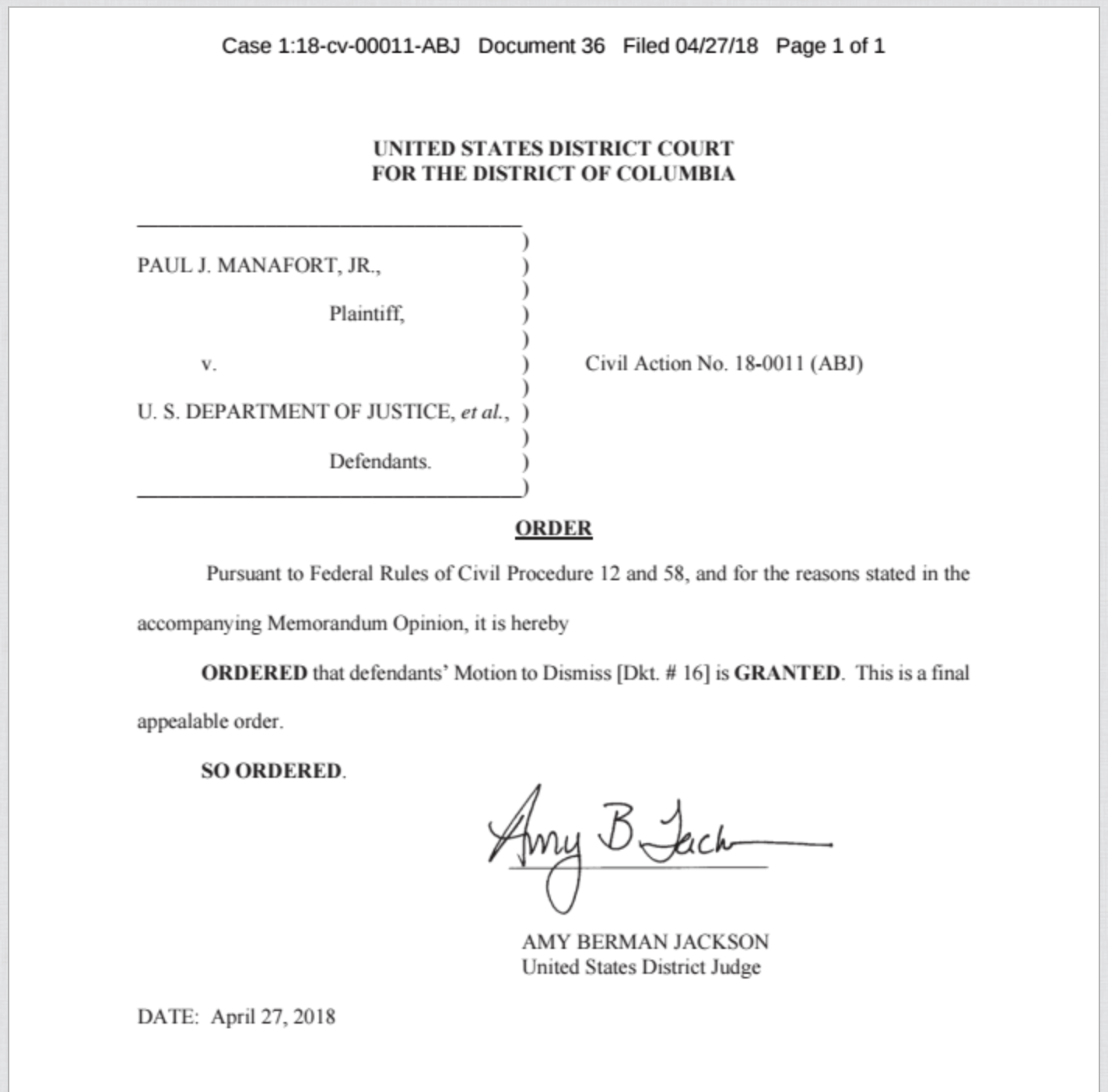 IHTM Paul Manafort Order On Motion To Dismiss Dismissed 
